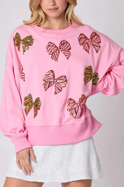 Christmas Bow Sequin Loose Long Sleeve Sweatshirt