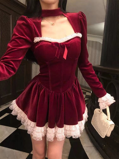 Y2k Velvet Mini Dress Lace Ruffles Patchwork Square Collar Autumn Spring Christmas Party A-line Princess Vestidos Mujer
