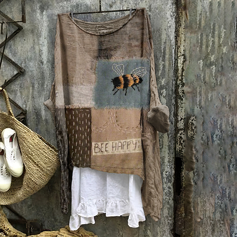 Retro Patchwork Bee Happy Embroidery Art Linen Blend Blouse elevenforest