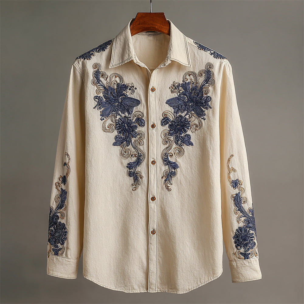Vintage Boho Floral Embroidery Men's Linen Long Sleeve Shirt elevenforest