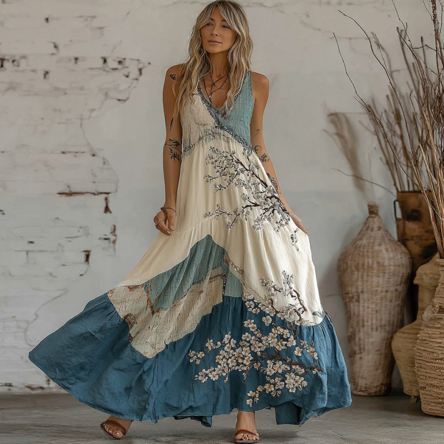 Women's Cherry Blossoms Art Linen Maxi Dress elevenforest