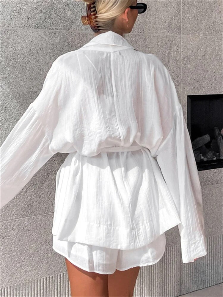 Tossy White Lace-up 2 Piece-set Shorts for Loose Bandage Cardigan Coat and High Waist Shorts Sets Female Outfits