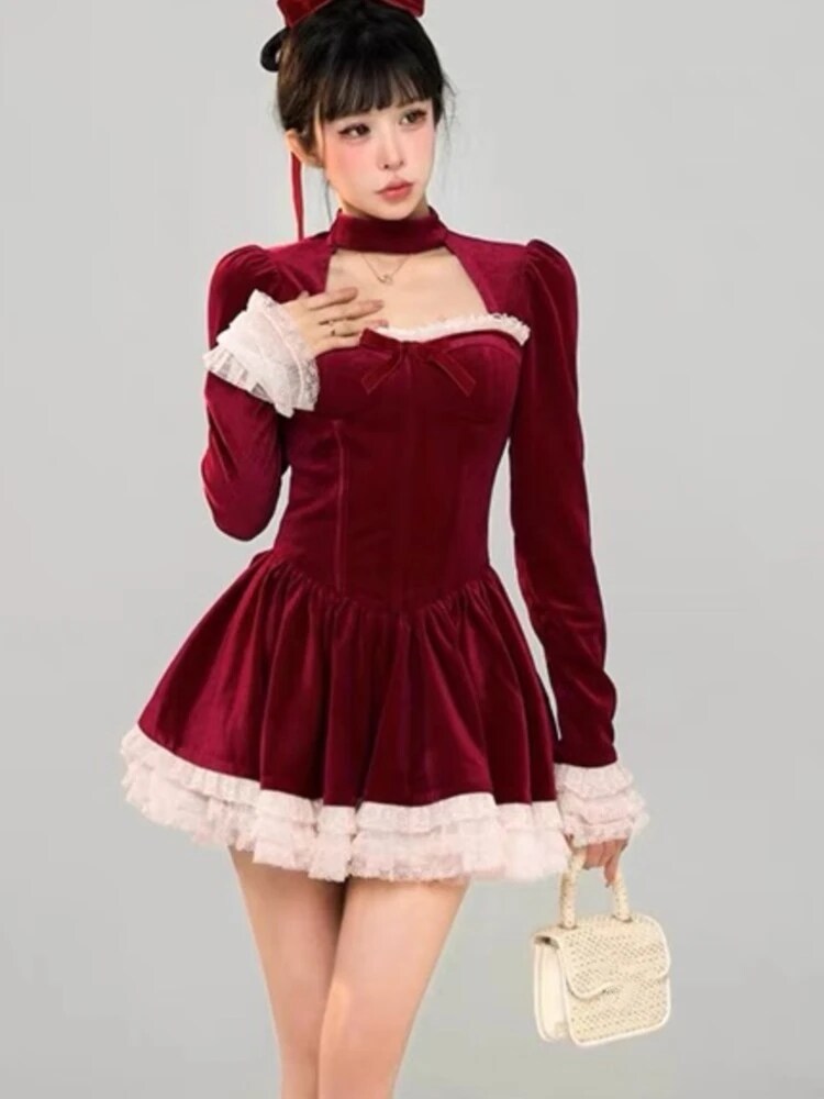 Y2k Velvet Mini Dress Lace Ruffles Patchwork Square Collar Autumn Spring Christmas Party A-line Princess Vestidos Mujer