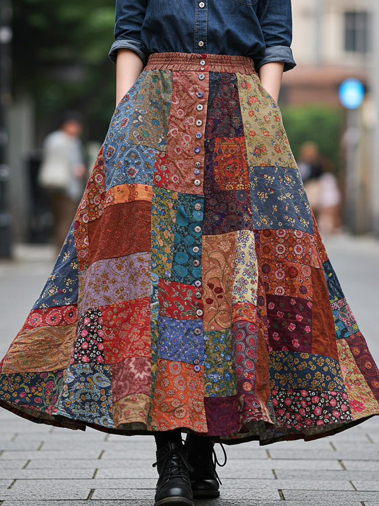 Bohemian Style Colorful Patchwork Ethnic Print Skirt elevenforest