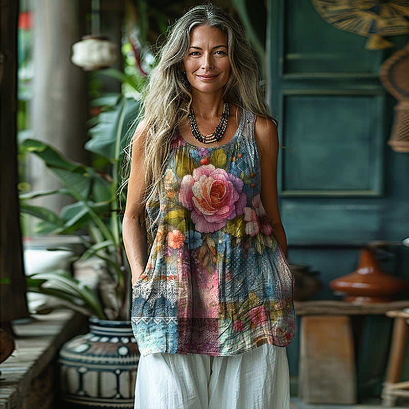 Women's Vintage Floral Pattern Cotton And Linen Vest elevenforest