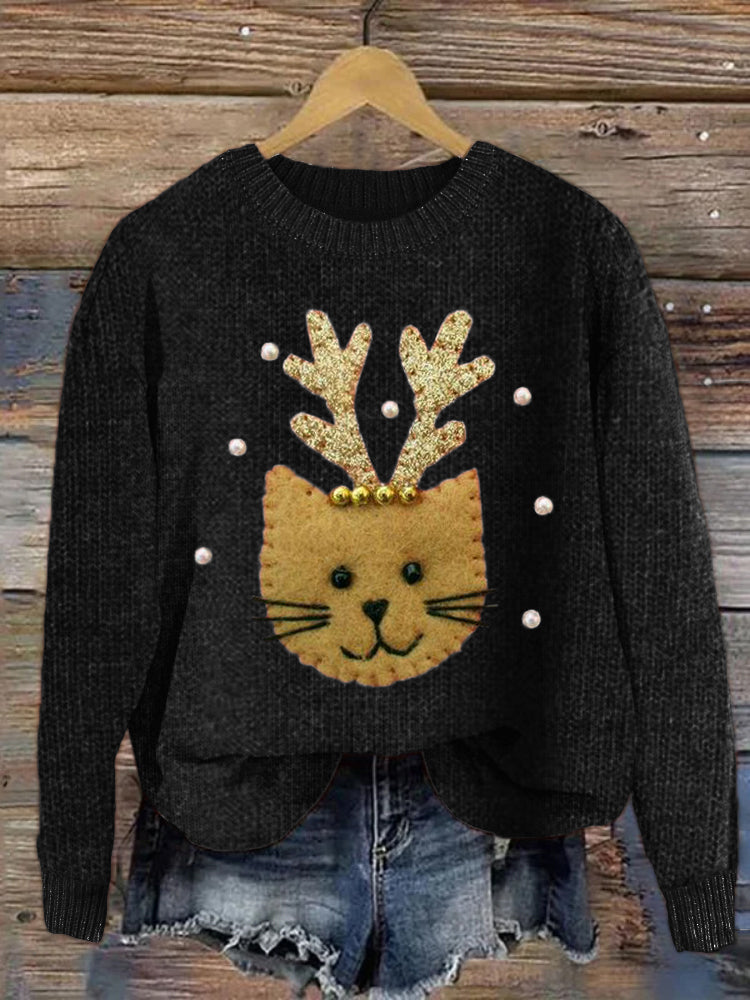Christmas Reindeer Cat Patch Cozy Knit Sweater elevenforest