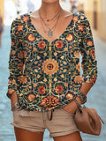 Women's Boho Ethnic Floral Art Print Casual V-neck Long Sleeve T-shirt