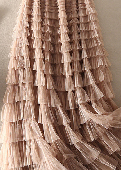 Unique Coffee Apricot Patchwork Wrinkled Tulle Skirts Spring