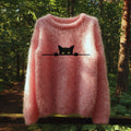 Retro Casual Pink Awareness Black Cat Embroidered Sweater elevenforest