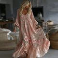 Women's Vintage Floral Art Flowy Linen Blend Casual Long Sleeve Maxi Dress elevenforest