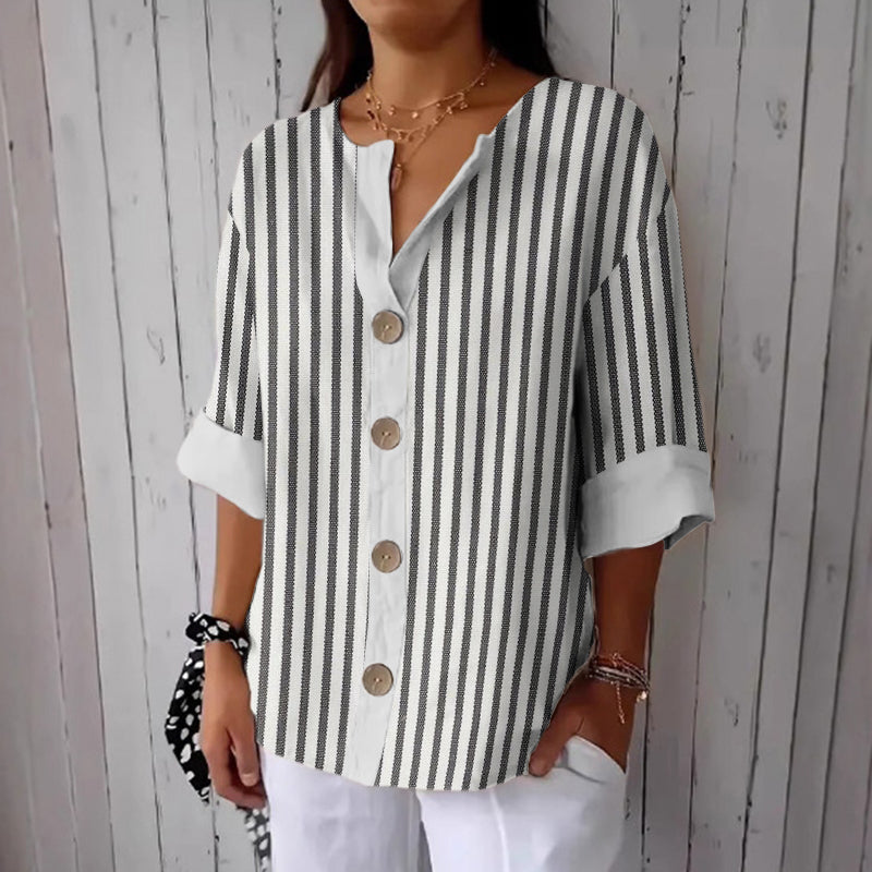 Women's Stripe Print Button Linen Blend Shirt elevenforest