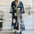 Women's Retro Japanese Traditional Sashiko Art  Linen V-neck Robe elevenforest