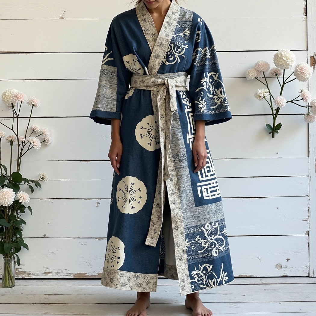 Women's Retro Japanese Traditional Sashiko Art  Linen V-neck Robe elevenforest