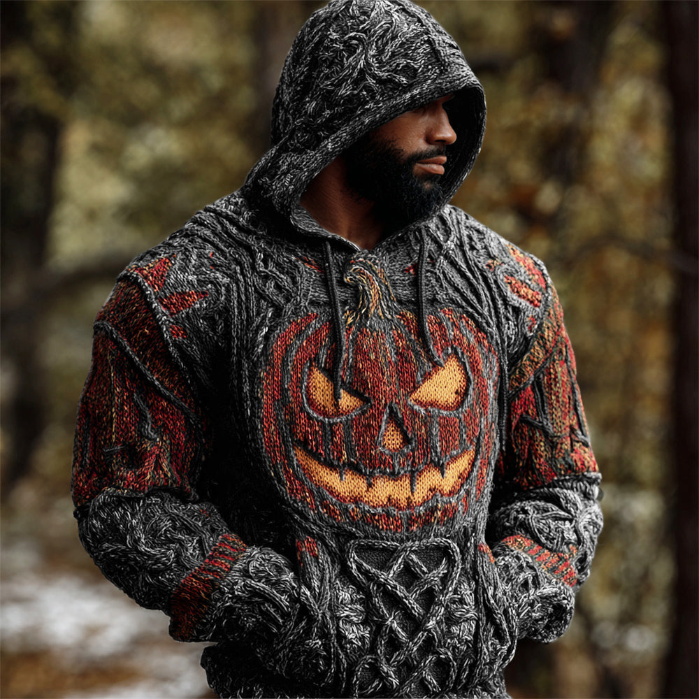 Halloween Pumpkin Lights Men's Chunky Knit Hooded Sweater artswardrobe