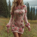 Women's Pink Rose Embroidered Art Knit Mini Sweater Dress elevenforest