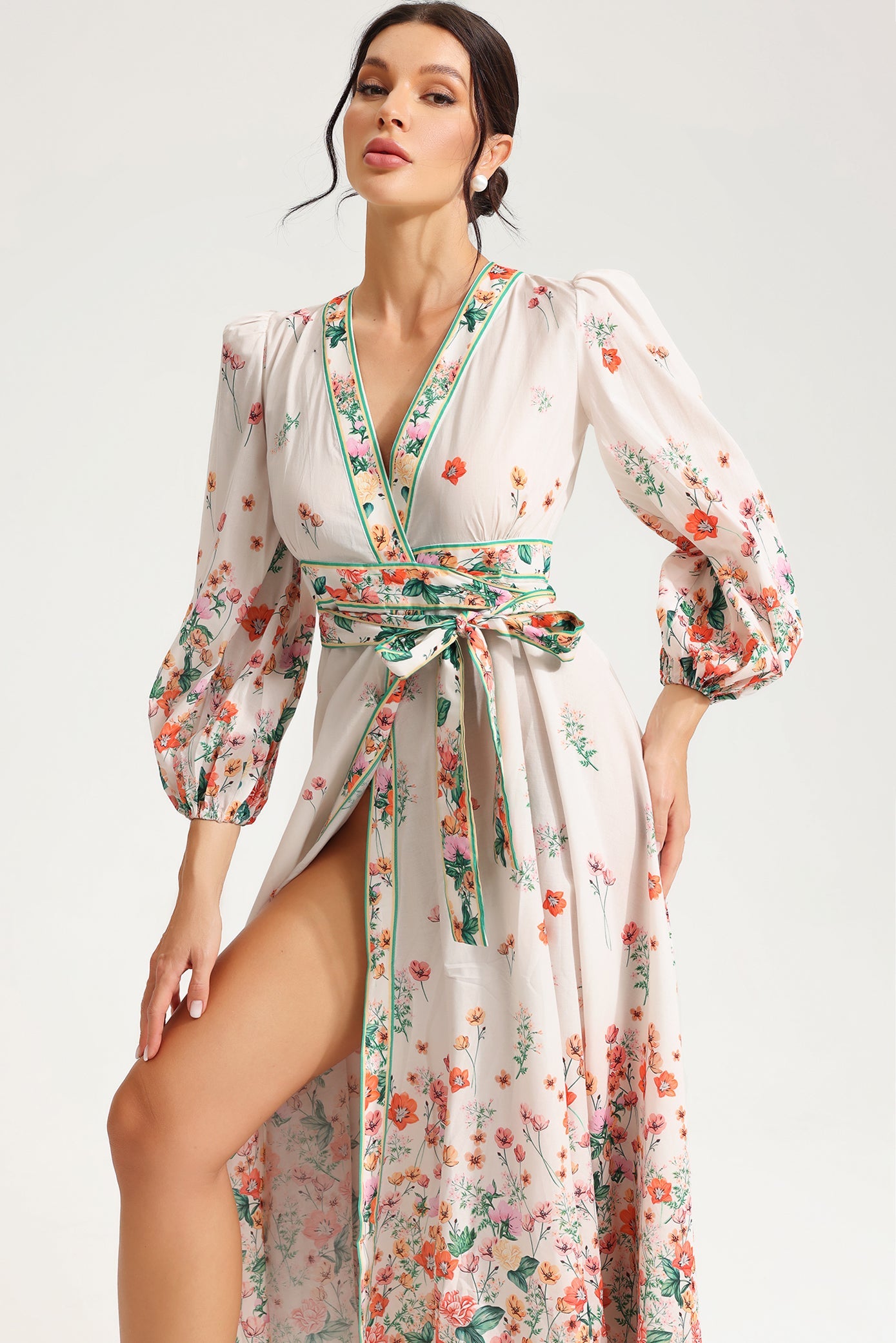 Long Sleeve V-neck Lace Up Midi Dress White