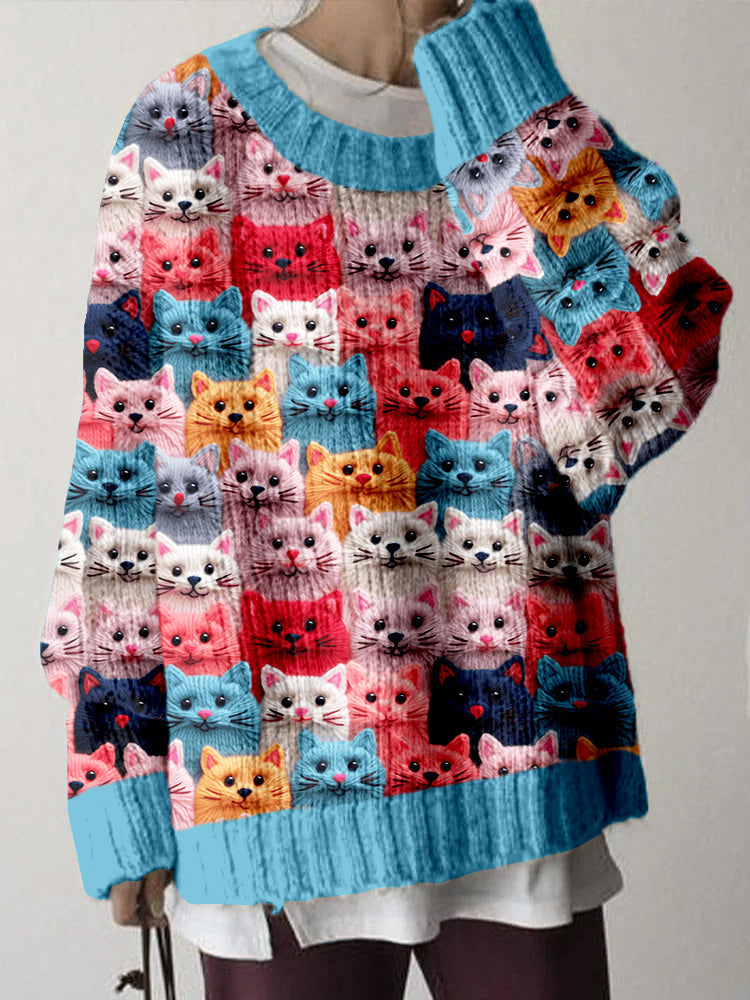 Colorful Cute Cats Pattern Cozy Knit Sweater elevenforest