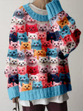 Colorful Cute Cats Pattern Cozy Knit Sweater elevenforest