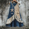 Vintage Starfish And Shell Lace Patchwork Linen Blend Tank Dress elevenforest