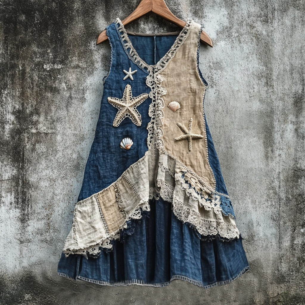 Vintage Starfish And Shell Lace Patchwork Linen Blend Tank Dress elevenforest
