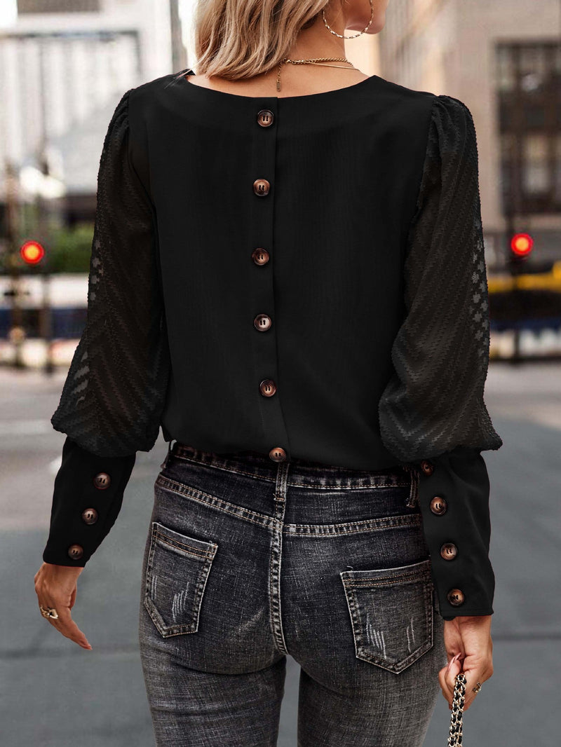 Fall Winter Color Round Neck Button Long Sleeve Blouse Top