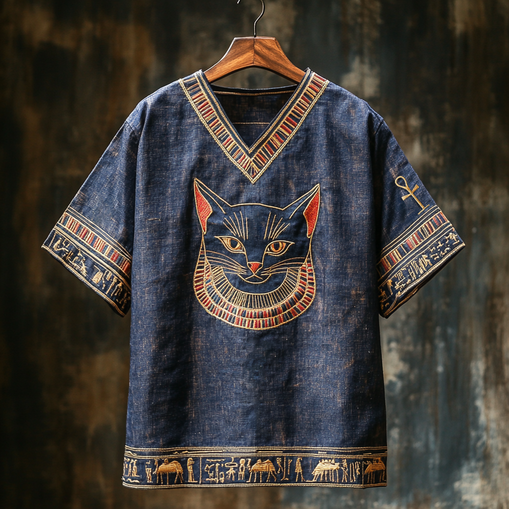 Ankh Ancient Egyptian Cat Art Embroidery Linen Shirt elevenforest
