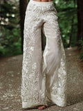 Japanese Style Plant Floral White Cotton Linen Casual Pants elevenforest