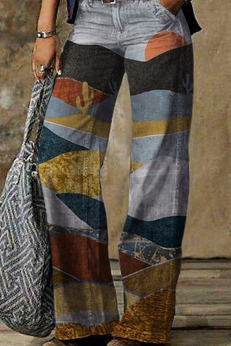 Print Patchwork Mid Waist Boot Cut Denim Jeans(5 Colors)