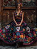 Day Of The Dead Sugar Skulls Mexican Floral Linen Maxi Dress elevenforest
