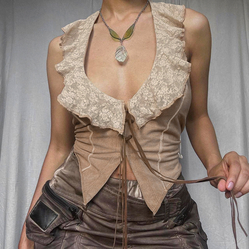 Retro Lace Lace Collar Halter Lace Up Irregular Asymmetric Hem Cardigan Slim Fit Vest Clothing
