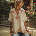 Women's Rose Floral Embroidery Art V Neck Comfy Shirt elevenforest