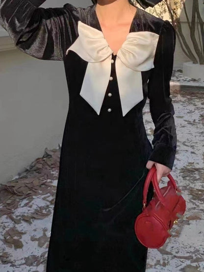 ’s Velvet Midi Dress Autumn Spring Bow Design V-neck Long Sleeve A-line French Evening Party Prom Robe Vestidos New