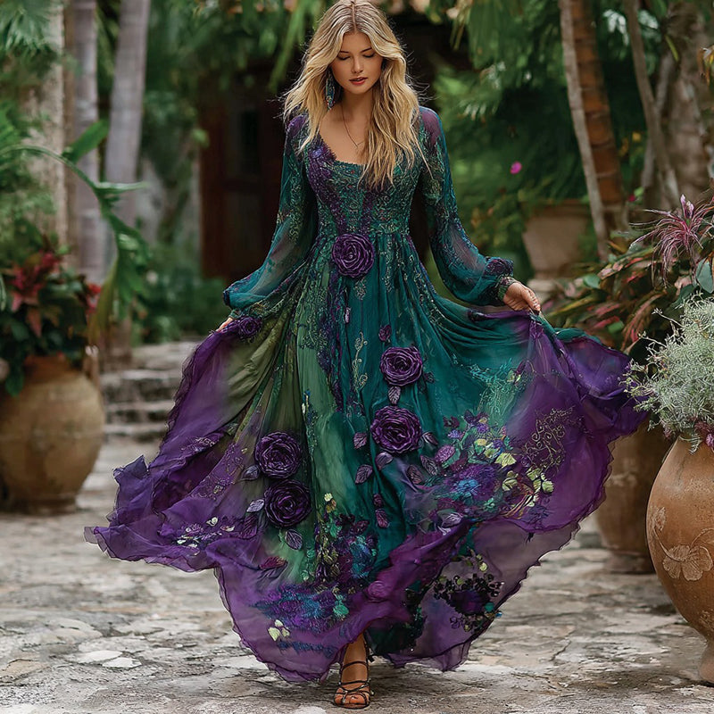 Women's Vintage Floral Embroidery Gradient Pattern Long Sleeve Dress elevenforest