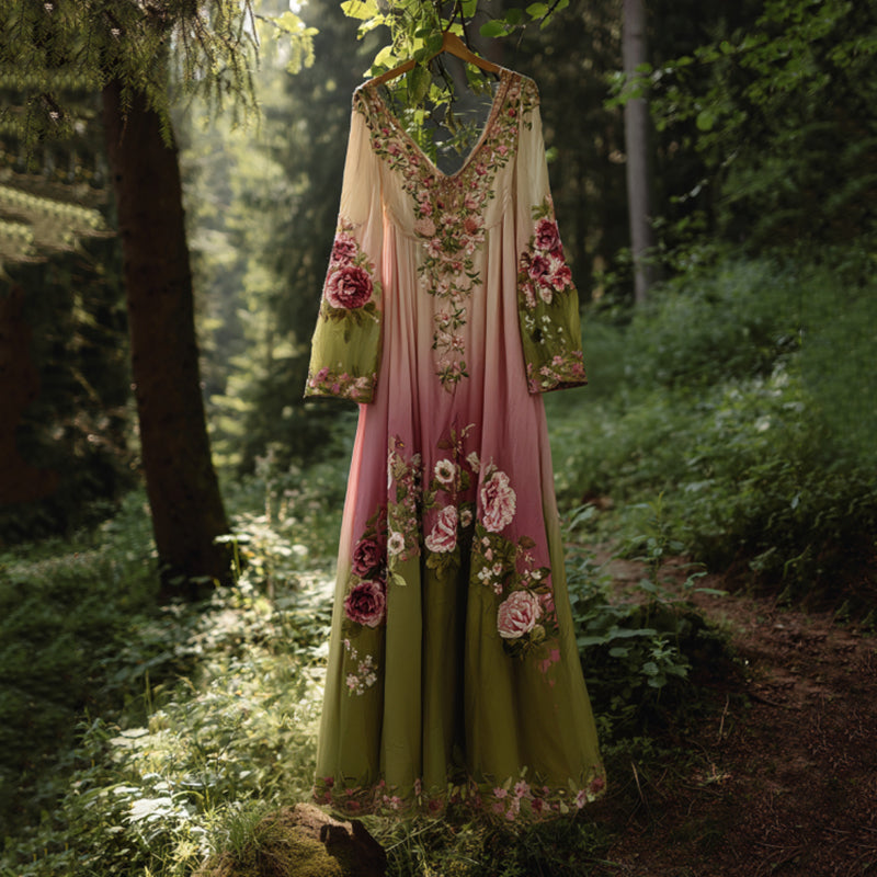 Classy Gradient Pink Roses Cancer Awareness Embroidered Linen Maxi Dress elevenforest