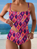 Women's Floral Art Print Summer Beach Halter Top And Solid Color Triangle Briefs Tankini Set
