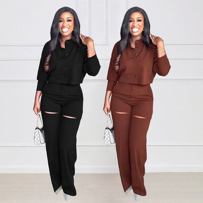 Long Sleeved Cardigan Short Top Suit With High Waist Trousers Two Piece Set