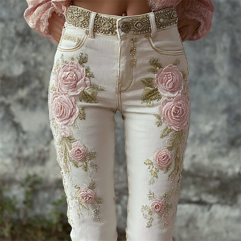 Vintage Cottage Pink Roses Glitter Embroidered Skinny Jeans elevenforest