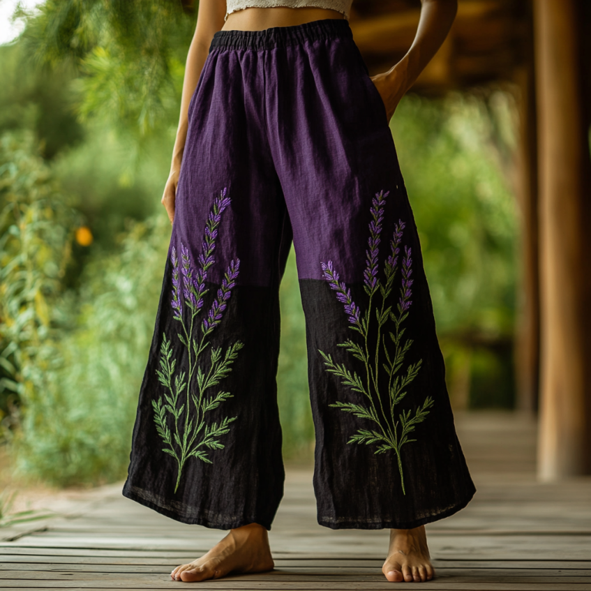 Vintage Bohemian Lavender Embroidery Art Printed Cotton Linen Wide Leg Pants elevenforest