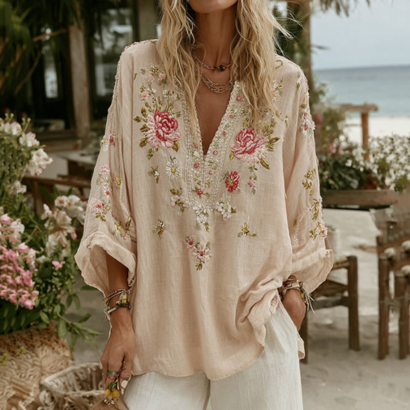 Vintage Floral Embroidery Pattern Art Linen Comfy Tunic elevenforest