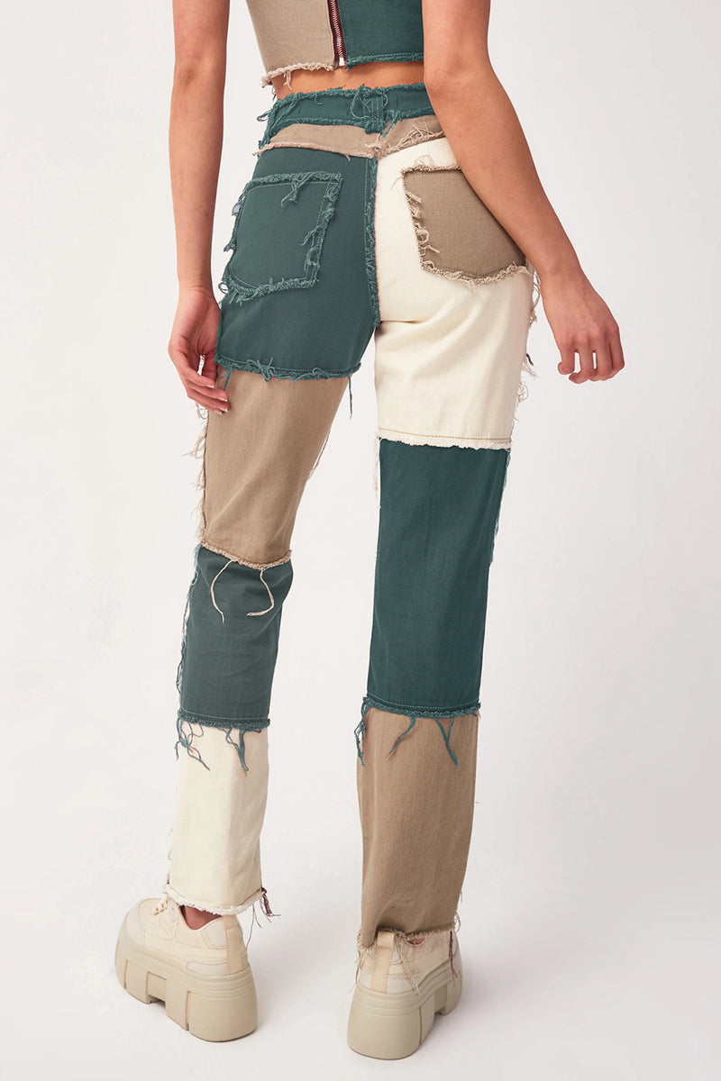 Color Block Patch Contrast Mid Waist Regular Denim Jeans(6 Colors)