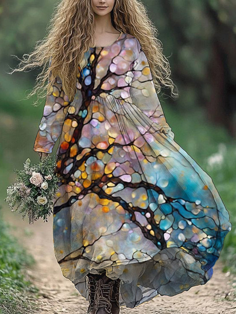 Oil Flower Tree Art Women's Linen Maxi Dress elevenforest
