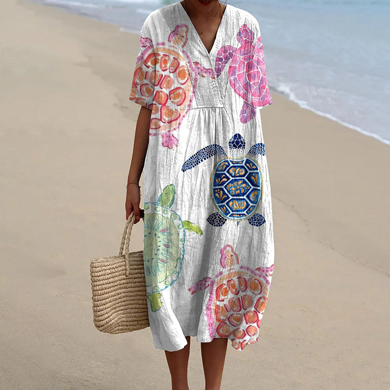 Comstylish Women's Resort Collection Watercolor Turtle Pattern Casual Flowy Midi Dress