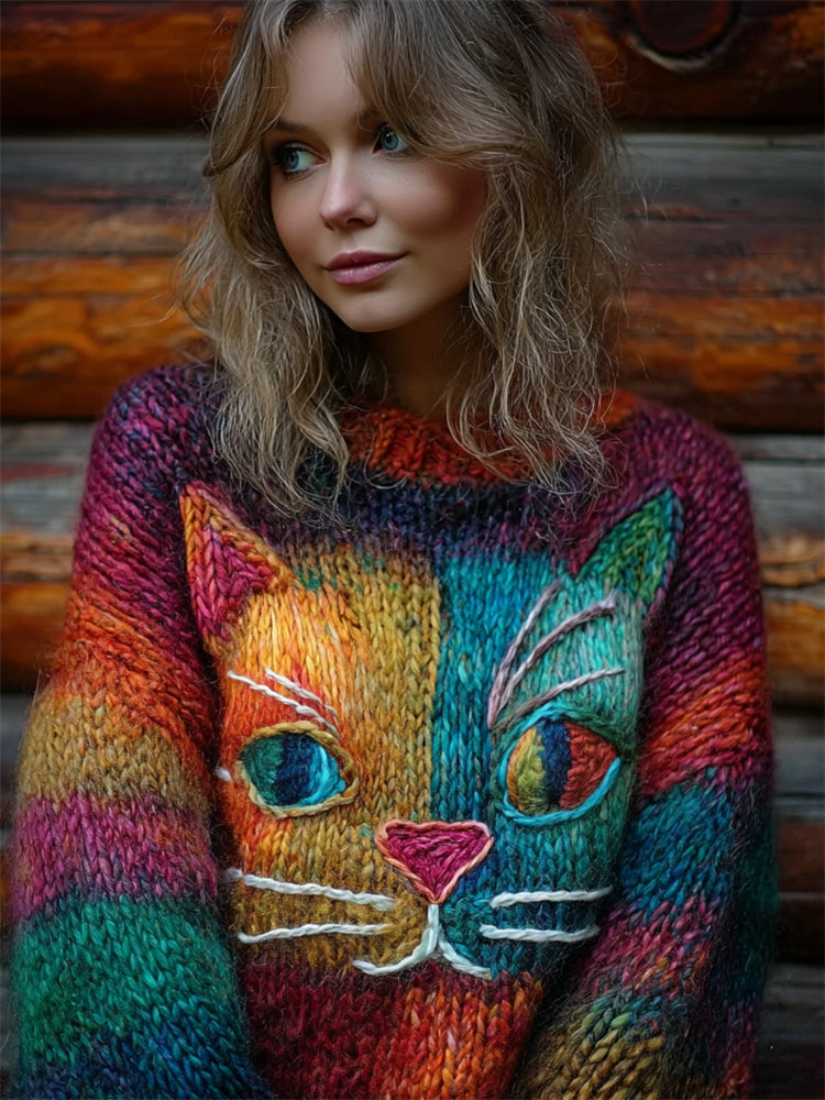 Vintage Lovely Cat Face Gradient Colorblock Cozy Chunky Sweater elevenforest