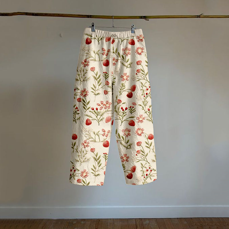 Comstylish Vintage Strawberry Graphic Linen Blend Comfy Pants
