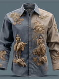 Western Cowboy Style Animal Elements Retro Cotton And Linen Men's Shirt elevenforest