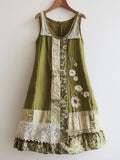 Floral Embroidered Lace Patchwork Linen Blend Avocado Green Dress elevenforest