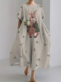 Comstylish Women's Cute Rabbit Embroidery Pattern Print Casual Loose Dress