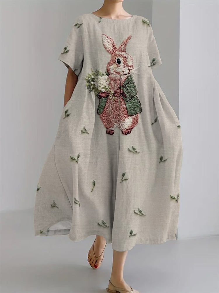 Comstylish Women's Cute Rabbit Embroidery Pattern Print Casual Loose Dress