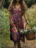 Women's Art Floral Vintage Print V-Neck Dress