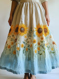 Boho Sunflower Embroidered Gradient Linen Skirt elevenforest